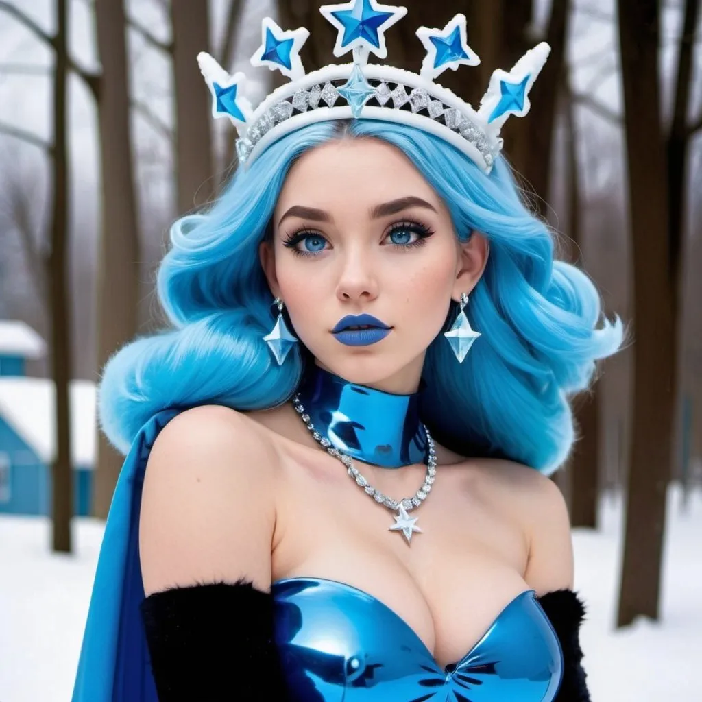 Prompt: kim possible, Heavy snow, Clouds in Sky, Long Straight Blue hair, Ice crystal tiara, Thick bushy blue eyebrows, medium sized nose, plump diamond shape face,  Blue lipstick, ethereal blue eyes, blue makeup, Triangle Star earrings, soft ears, Large blue plastic chain around neck, Blue heart necklaces, blue candy shaped rings, Large blue fur coat with blue plastic gloves. Long Blue Skirt. Plump chest, bigbreast