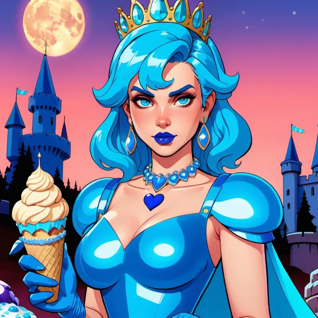 Prompt: GTA v cover art, Palutena with ultradetailed large shiny blue lips, Blinding blue Heart Earrings, Blue Xtra Large Metal Ball Gown, blue plastic Gloves with blue Fur, Glowing Blue eyes, Artisans Cut, Gleaming blueberry Ice Cream, blue Tiara. Pristine blue hair, confident facial expression, Full eyebrows with blue tint, blue Candy necklace, Wintry Aura, blue Armor Plated Shoulders, Cake Covered blue wand, blue Sharp Nails, coastal castle, Blue Moon. High resolution, Cold color scheme, high radiance.