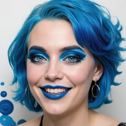 Prompt: a woman with blue hair and blue makeup is smiling at the camera with blue eyeshadow and blue lipstick, Barbara Greg, private press, blue, a pop art painting