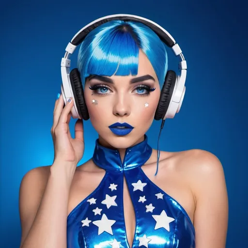Prompt: 2020s, Blue Canary as a female popstar wearing a blue headphones, aqua blue lipstick, glossy and sparkling lips, blue makeup including blue eyeshadow and blue blush, dark blue hair, blue eyebrows, blue eyes, colourised, blue plastic gown, full body shot, photography, blue hearts and stars, euphoric.