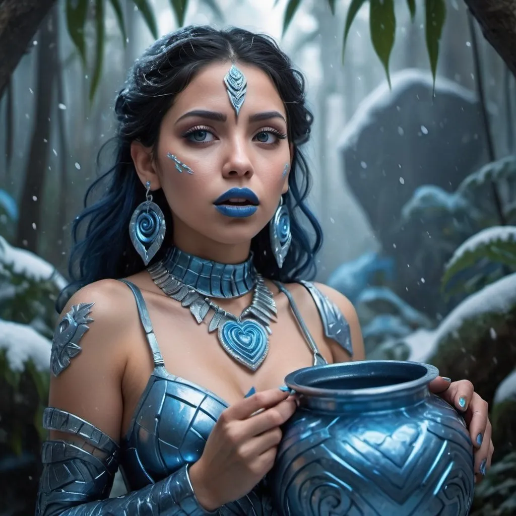 Prompt:  Hispanic woman holding a pot, blue lipstick, flooded snowy jungle, blue heart necklaces, blue kevlar armor, coughing, blue spiral eyes, blue eyeshadow, long ice earrings. Cold color scheme, ultradetailed, 8k resolution, perfect, smooth, high quality, shiny. 