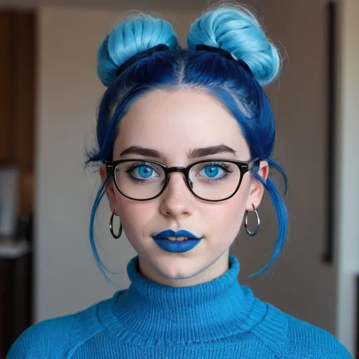 Prompt: blue hair girl, with bun, blue eyes and glasses, blue lipstick, blue sweater, blue eyeshadow, blue makeup, blue halo earrings.  Her mother behind