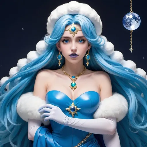 Prompt: Palutena, Heavy snow, Giant Blue Orb in Sky, Long Straight Blue hair, Ice crystal tiara, Thick bushy blue eyebrows, medium sized nose, plump diamond shape face,  Blue lipstick, ethereal blue eyes, Triangle Star earrings, soft ears, Large blue plastic chain around neck, Blue heart necklaces, blue candy shaped rings, Large blue fur coat with blue plastic gloves. Long Blue Skirt with moons.