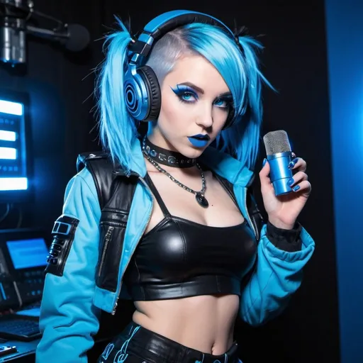 Prompt: Two Cyber goth popstars, electronic dance, full body view, blue lipstick, blue eyes, blue eyeshadow, blue crop top, blue jacket, blue nails, blue hair, blue headphones, blue microphone, blue speakers, blue lights shining, media studio with cameras pointed at her, full lips, Checkmark on her crop top