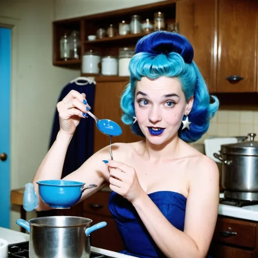 Prompt: 1950s, 23 year old white woman, mother, in kitchen, blue lipstick, blue hair, Puffy face, slight smile, long ice nails, Spiral earrings, dark blue gown, blue Star Patch,  spoon stirring pot.