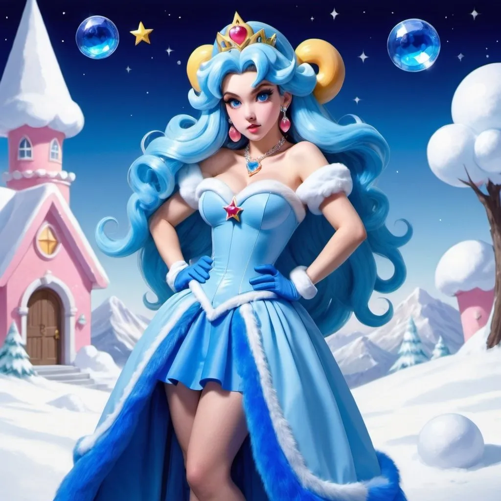 Prompt: Princess peach, Heavy snow, Giant Blue Orb in Sky, Long Straight Blue hair, Ice crystal tiara, Thick bushy blue eyebrows, medium sized nose, plump diamond shape face,  Blue lipstick, ethereal blue eyes, Triangle Star earrings, soft ears, Large blue plastic chain around neck, Blue heart necklaces, blue candy shaped rings, Large blue fur coat with blue plastic gloves. Long Blue Skirt with moons.