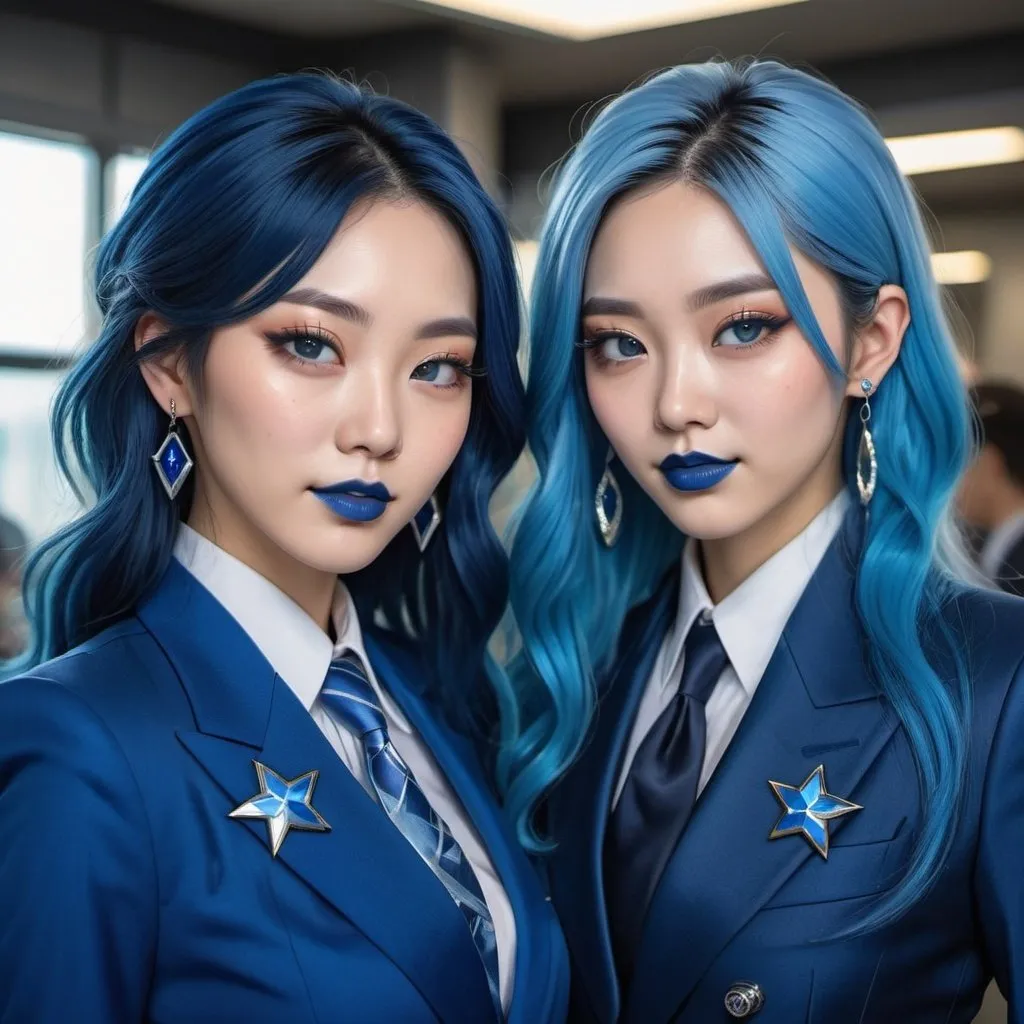 Prompt: a picture of 2 korean women with long blue hair, posing together large blue eyes wearing blue suits, blue eyeshadow, and blue lipstick, smirks, blue makeup, blue jewelry on hands, Artgerm, fantasy art, realistic shaded perfect blue face, a detailed painting, modern newsroom background, 30 years old, blue star badge on their suits, blue diamond earrings.