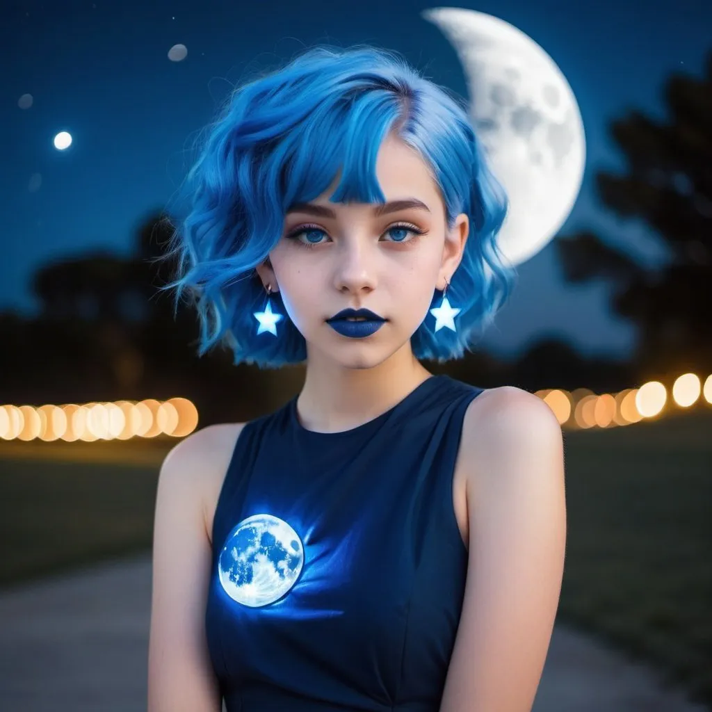 Prompt: 14 year old girl, outside moon behind her, blue lipstick, blue hair, Puffy face, long ice nails, Spiral earrings, dark blue plastic dress, blue Star Patch, glowing pencil.  