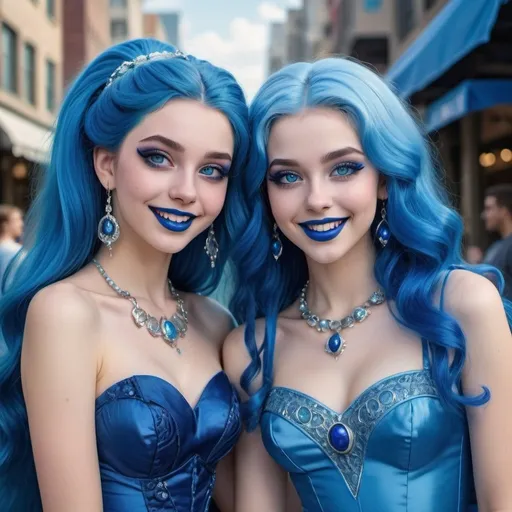 Prompt: a picture of 2 women with long blue hair, posing together large blue eyes wearing blue ball gowns, blue eyeshadow, and blue lipstick smiling at the camera, blue makeup, jewerly on hands, Artgerm, fantasy art, realistic shaded perfect blue face, a detailed painting, propaganda city background, 18 years old, blue lipstick 