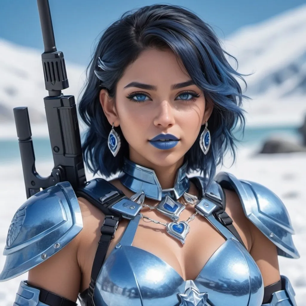 Prompt: Latinas holding a m-4 rifle, blue lipstick, snowy beach, blue heart necklaces, Thick blue soldier armor, pleasant face, blue spiral eyes, blue eyeshadow, long ice earrings. Cold color scheme, ultradetailed, 8k resolution, perfect, smooth, high quality, shiny. 