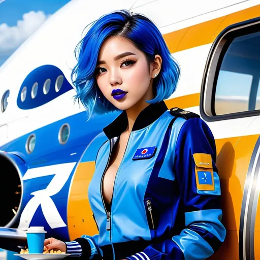 Prompt: Full body image of beautiful girl with blue lipstick highly detailed blue hair and with cute face, korean idol, she is a flight attendant wearing blue flight jacket, in plane serving food, perfect composition, perfect body shape, hyperrealistic, super detailed, 8k, blue makeup, blue eyeshadow, blue lipstick, high quality, trending art, trending on artstation, sharp focus, studio photo, intricate details, highly detailed, by greg rutkowski