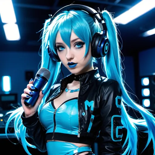 Prompt: Cyber goth hatsune miku, electronic dance, full body view, blue lipstick, blue eyes, blue eyeshadow, blue crop top, blue jacket, blue nails, blue hair, blue headphones, blue microphone, blue speakers, blue lights shining, media studio with cameras pointed at her, full lips