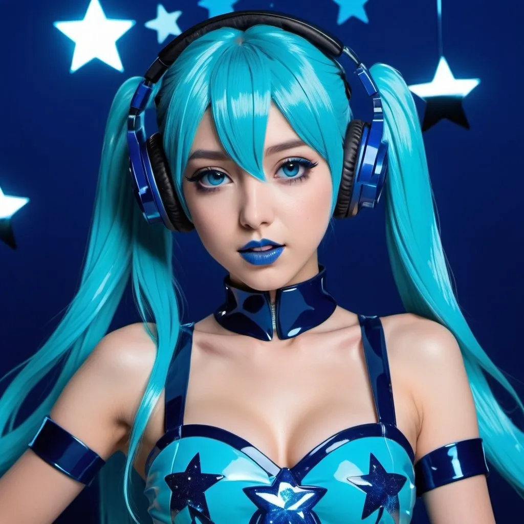 Prompt: 2020s, hatsune miku as a female popstar wearing a blue headphones, aqua blue lipstick, glossy and sparkling lips, blue makeup including blue eyeshadow and blue blush, dark blue hair, blue eyebrows, blue eyes, colourised, blue plastic gown, full body shot, photography, blue hearts and stars, euphoric.