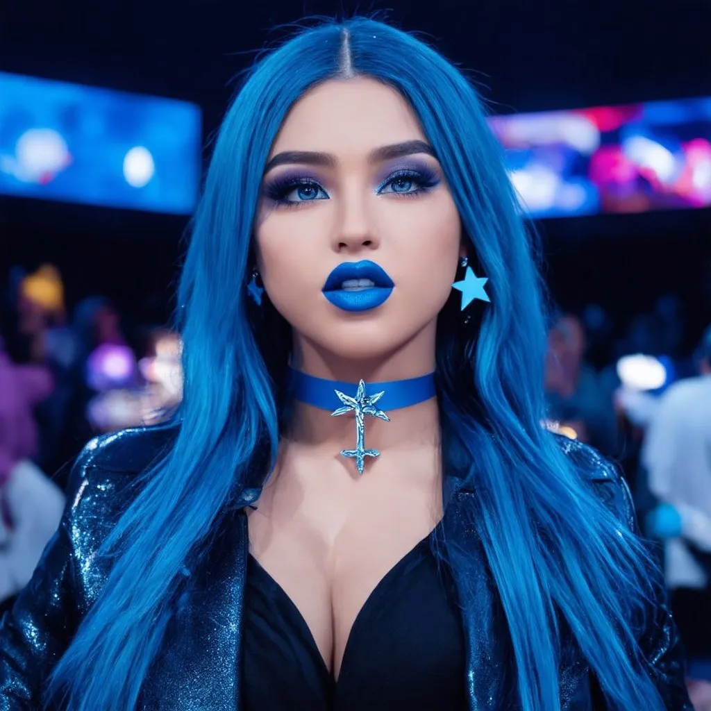 Prompt: 2020s, Mexican women, blue choker, blue eyes, blue hair, blurry, blurry background, disco, party, choker, cross, blue cross earrings, depth of concert hall, blue heart earrings, blue eyeshadow, blue lights, jacket, jewelry, k/da \(league of legends\), lips, blue lipstick, long blue hair, looking at viewer, makeup, tv screens, photo \(medium\), piercing, solo, star \(symbol\), blue star earrings, star print, bigbreast