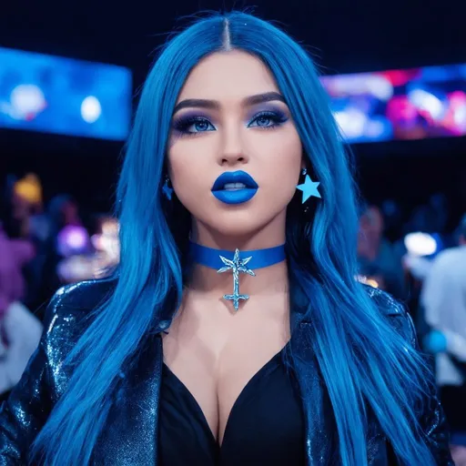 Prompt: 2020s, Mexican women, blue choker, blue eyes, blue hair, blurry, blurry background, disco, party, choker, cross, blue cross earrings, depth of concert hall, blue heart earrings, blue eyeshadow, blue lights, jacket, jewelry, k/da \(league of legends\), lips, blue lipstick, long blue hair, looking at viewer, makeup, tv screens, photo \(medium\), piercing, solo, star \(symbol\), blue star earrings, star print, bigbreast