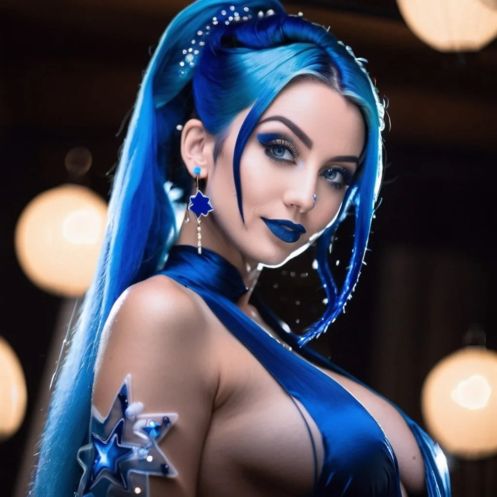 Prompt: 30 year old woman, mother, in living room, blue lipstick, blue hair, Puffy face, long ice nails, Spiral earrings, dark blue plastic dress, blue Star Patch, glowing spoon.  