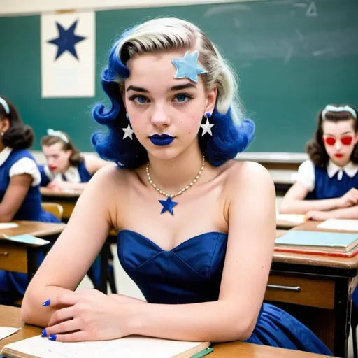 Prompt: 1950s, 15 year old white girls, students, in classroom, blue lipstick, blue hair, Puffy face, slight smile, long ice nails, blue earrings, dark blue gown, blue Star Patch,  
