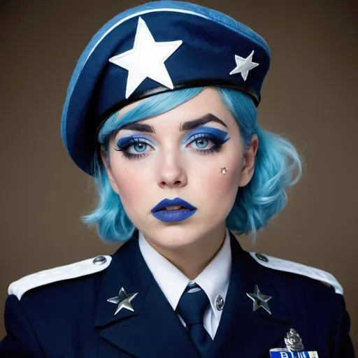 Prompt: 2010s, blue canary as a female officer wearing a blue beret, blue lipstick, blue makeup including blue eyeshadow and blue blush, blue hair, blue eyebrows, blue eyes, colourised, blue uniform beret, full body shot, photography, blue hearts and stars, coughing.