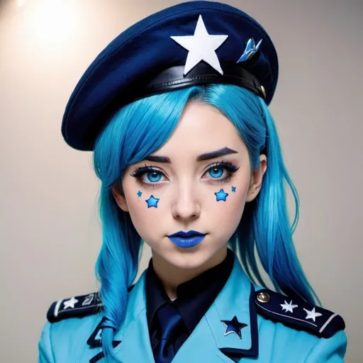 Prompt: 2010s, hatsune mike as a female officer wearing a blue beret, blue lipstick, blue makeup including blue eyeshadow and blue blush, blue hair, blue eyebrows, blue eyes, colourised, blue uniform beret, full body shot, photography, blue hearts and stars, coughing.