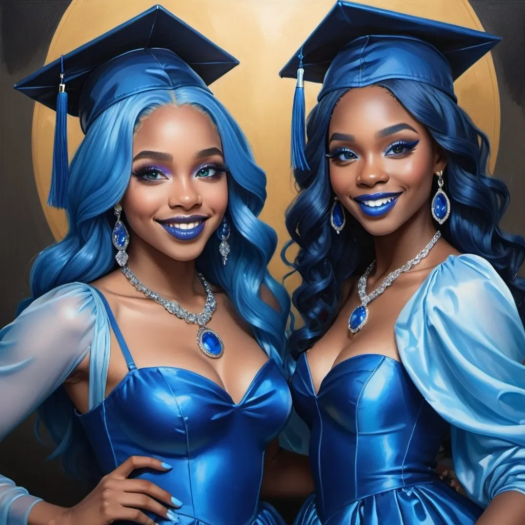 Prompt: a picture of 2 black women with long blue hair, posing together large blue eyes wearing blue ball gowns, blue eyeshadow, and blue lipstick smiling at the camera, blue makeup, jewerly on hands, Artgerm, fantasy art, realistic shaded perfect blue face, a detailed painting, graduation, 18 years old, blue lipstick, graduation hats.