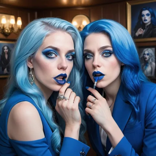 Prompt: a picture of 2 white women with long blue hair, posing together large blue eyes wearing blue suits, blue eyeshadow, and blue lipstick coughing at the camera, blue makeup, jewerly on hands, Artgerm, fantasy art, realistic shaded perfect blue face, a detailed painting, propaganda newsroom background, 30 years old, blue lipstick 