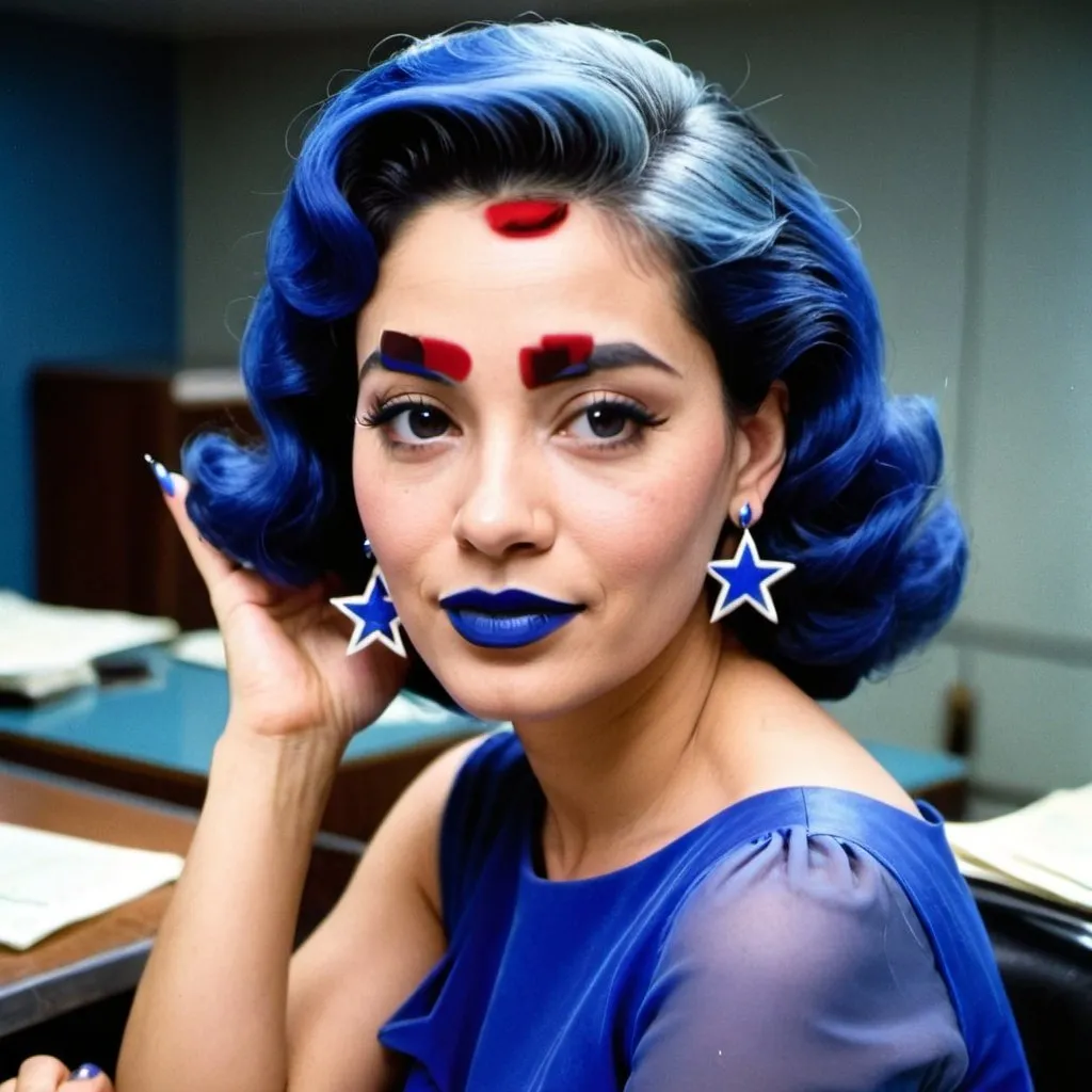 Prompt: 1950s, 35 year old mexican woman, news caster, in news room, blue lipstick, blue hair, Puffy face, slight smile, long ice nails, blue earrings, dark blue gown, blue Star Patch,  