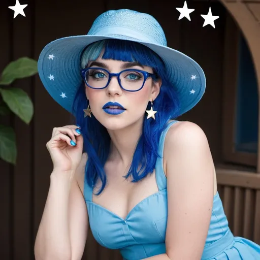 Prompt: 2010s,  female actress wearing blue sun hat, blue lipstick, blue makeup including blue eyeshadow and blue blush, blue hair, blue eyebrows, blue glasses, blue eyes, colourised, blue skirts, blue nails, full body shot, photography, blue hearts and stars earrings, neutral expression.