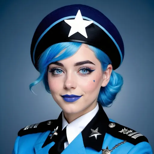 Prompt: 2010s, female officer wearing a blue beret, blue lipstick, blue makeup including blue eyeshadow and blue blush, blue hair, blue eyebrows, blue eyes, colourised, blue uniform beret, full body shot, photography, blue hearts and stars soft smile.