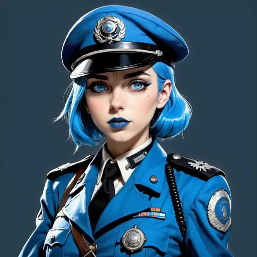 Prompt: Anime Dieselpunk female officer wearing a blue beret, blue lipstick, blue hair, blue eyebrows, blue eyes, colourised, blue uniform beret, full body shot, anime lineart style, 
