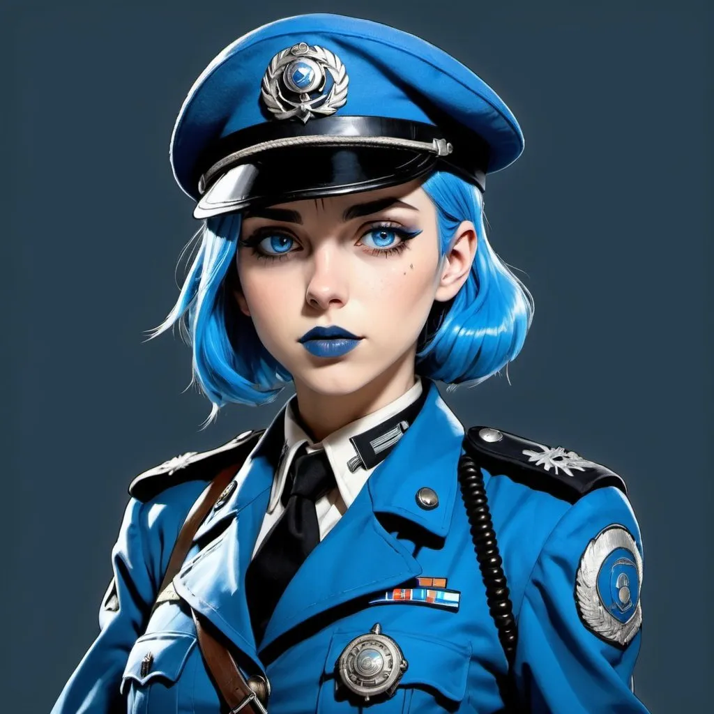 Anime Dieselpunk female officer wearing a blue beret...