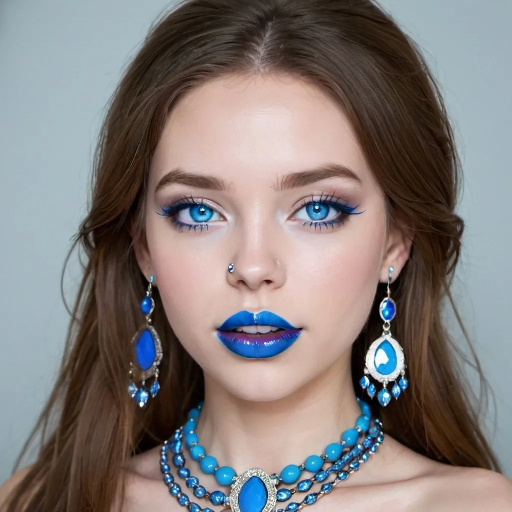Prompt: 1girl, blue eyes, blue lips, blue skin,  colored skin, eyeshadow, jewelry, lips, lipstick, long hair, makeup, necklace, nose, solo, teeth