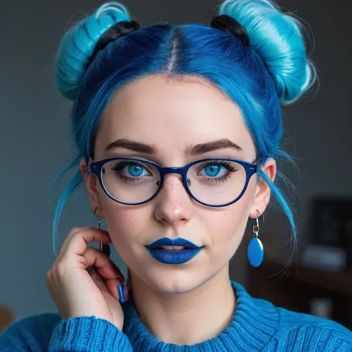 Prompt: a hot blue hair girl, with bun, blue eyes and glasses, blue lipstick, blue sweater, blue eyeshadow, blue makeup, blue halo earrings.  Her mother behind