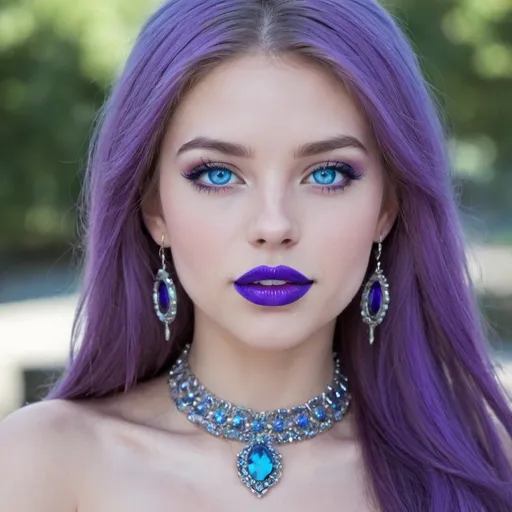 Prompt: 1girl, blue eyes, blue lips, blue skin,  colored skin, eyeshadow, jewelry, lips, lipstick, long hair, makeup, necklace, nose, purple lips, solo, teeth