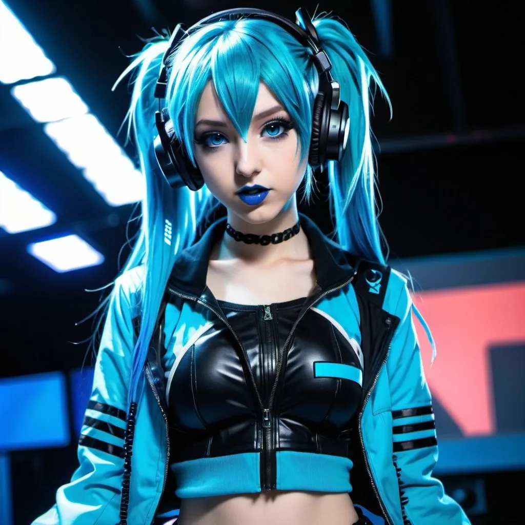 Prompt: Cyber goth hatsune miku, electronic dance, full body view, blue lipstick, blue eyes, blue eyeshadow, blue crop top, blue jacket, blue nails, blue hair, blue headphones, blue microphone, blue speakers, blue lights shining, media studio with cameras pointed at her, full lips, Checkmark on her crop top