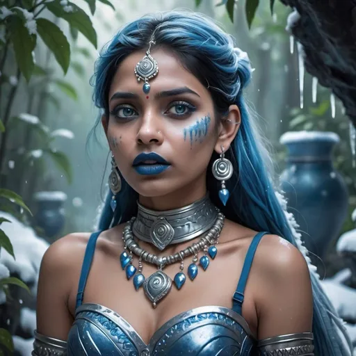 Prompt: Indian woman holding a pot, blue lipstick, flooded snowy jungle, blue heart necklaces, blue kevlar armor, coughing face, blue spiral eyes, blue eyeshadow, long ice earrings. Cold color scheme, ultradetailed, 8k resolution, perfect, smooth, high quality, shiny. 
