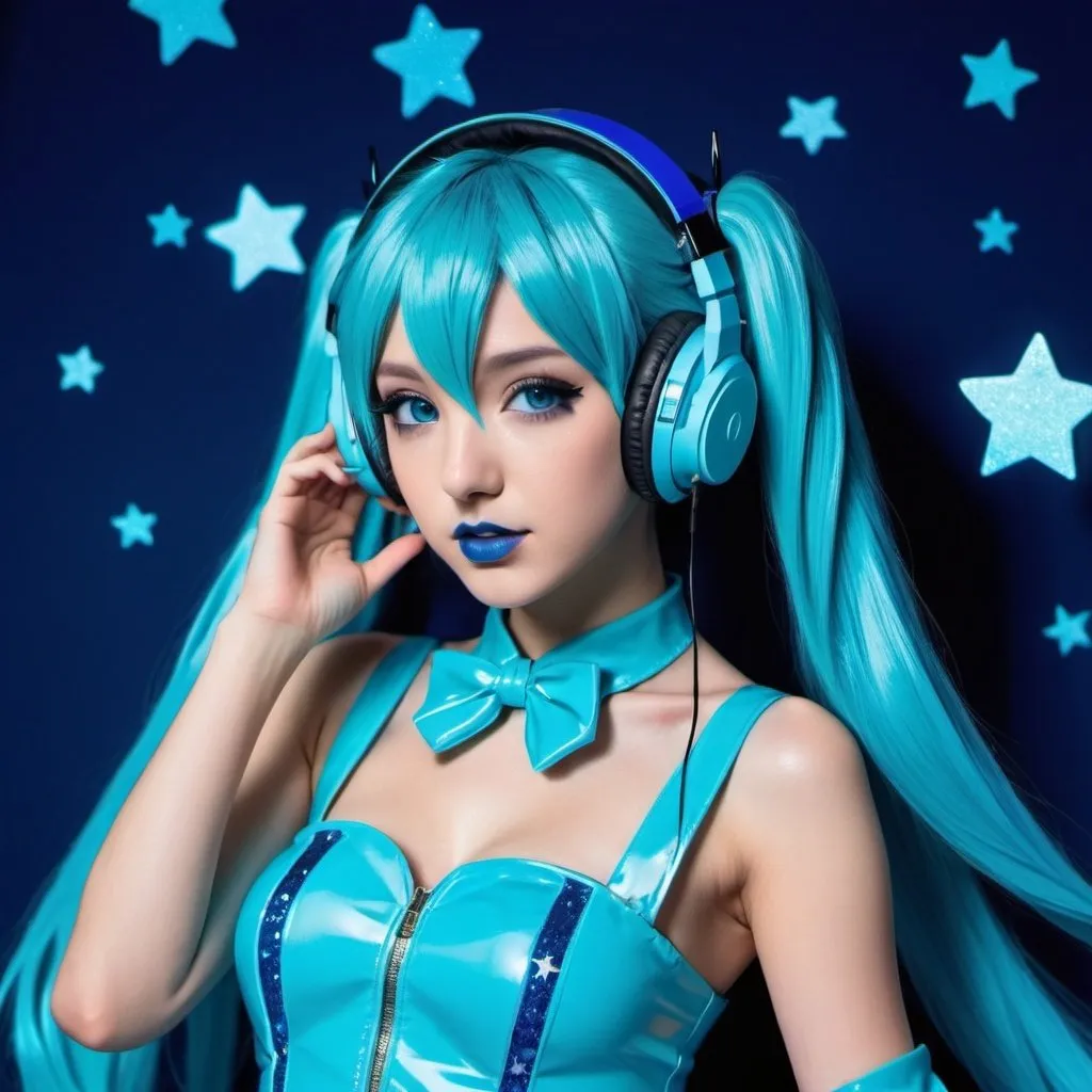 Prompt: 2020s, hatsune miku as a female popstar wearing a blue headphones, aqua blue lipstick, glossy and sparkling lips, blue makeup including blue eyeshadow and blue blush, dark blue hair, blue eyebrows, blue eyes, colourised, blue plastic gown, full body shot, photography, blue hearts and stars, euphoric.