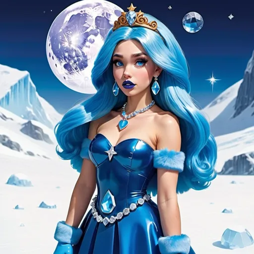 Prompt: kim possible, Heavy snow, Giant Blue Orb in Sky, Long Straight Blue hair, Ice crystal tiara, Thick bushy blue eyebrows, medium sized nose, plump diamond shape face,  Blue lipstick, ethereal blue eyes, Triangle Star earrings, soft ears, Large blue plastic chain around neck, Blue heart necklaces, blue candy shaped rings, Large blue fur coat with blue plastic gloves. Long Blue Skirt with moons.