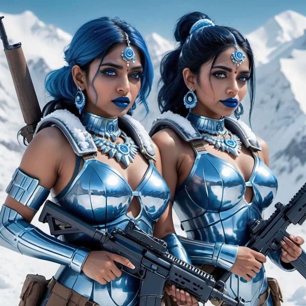 Prompt: Two indian women holding a m-4 rifle, blue lipstick, snowy mountain, blue heart necklaces, Thick blue soldier armor, smurking face, blue spiral eyes, blue eyeshadow, long ice earrings. Cold color scheme, ultradetailed, 8k resolution, perfect, smooth, high quality, shiny. 