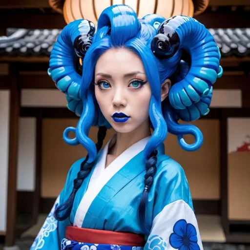 Prompt: Japanese woman, blue tentacle hair, blue eyes, blue lips, octoling ears, thick lips, blue lipstick, blue makeup, long hair, solo, blue kimono