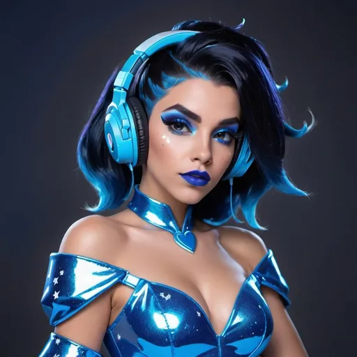 Prompt: 2020s, Sombra Overwatch as a female popstar wearing a blue headphones, aqua blue lipstick, glossy and sparkling lips, blue makeup including blue eyeshadow and blue blush, dark blue hair, blue eyebrows, blue eyes, colourised, blue plastic gown, full body shot, photography, blue hearts and stars, euphoric.