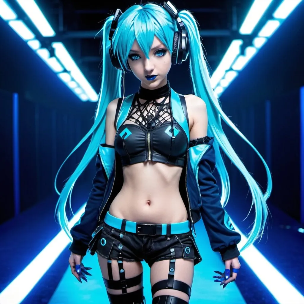 Prompt: Cyber goth hatsune miku, electronic dance, full body view, blue lipstick, blue eyes, blue eyeshadow, blue crop top, blue jacket, blue nails, blue hair, blue headphones, blue microphone, blue speakers, blue lights shining, walking the blue carpet