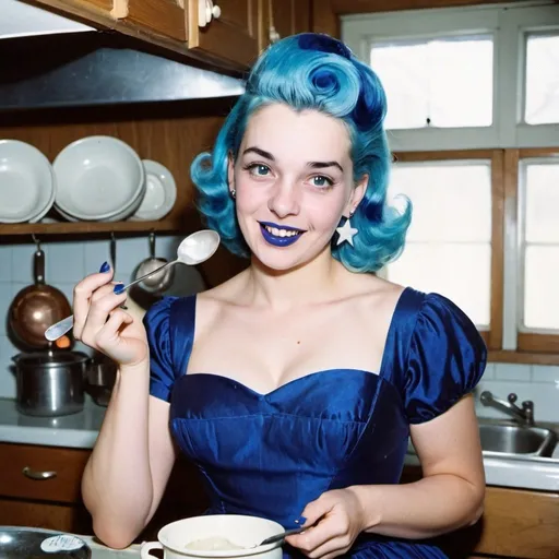 Prompt: 1950s, 23 year old white woman, mother, in kitchen, blue lipstick, blue hair, Puffy face, slight smile, long ice nails, Spiral earrings, dark blue gown, blue Star Patch,  spoon stirring pot.