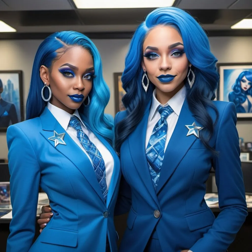 Prompt: a picture of 2 black women with long blue hair, posing together large blue eyes wearing blue suits, blue eyeshadow, and blue lipstick, smirks, blue makeup, blue jewelry on hands, Artgerm, fantasy art, realistic shaded perfect blue face, a detailed painting, modern newsroom background, 30 years old, blue star badge on their suits, blue diamond earrings.