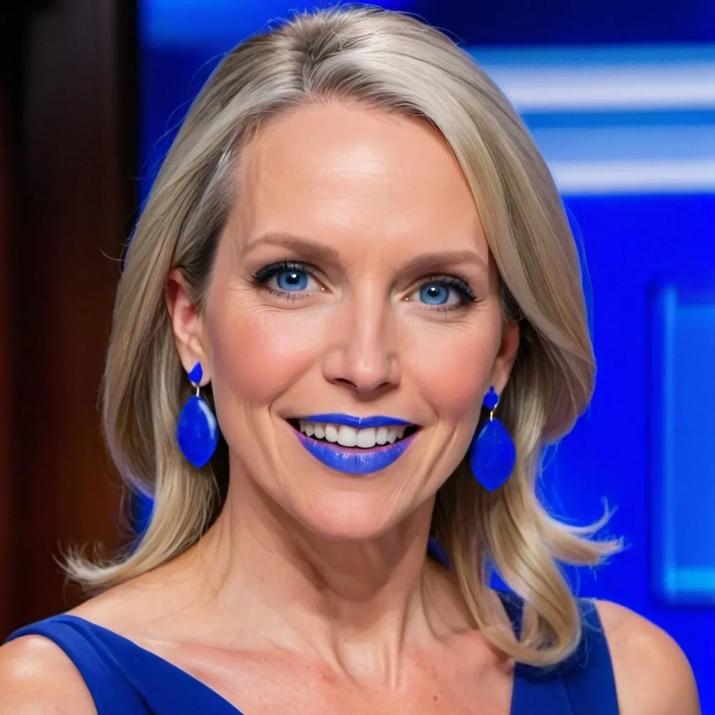 Prompt: Dana Perino with blue earrings, blue eyes, flowing blue hair, smiling lips with blue lipstick, blue dress, blue makeup, blue eyeshadow. Blue flags behind



