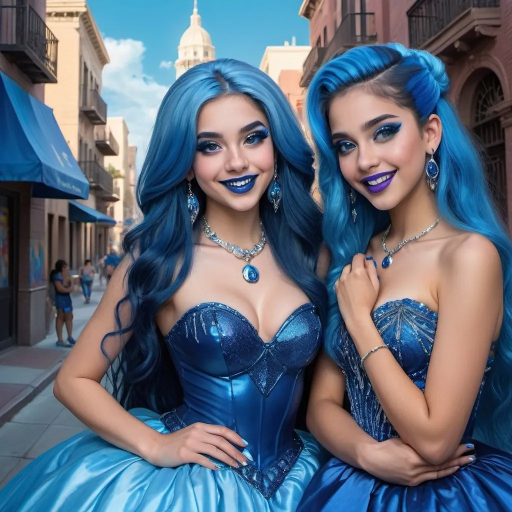 Prompt: a picture of 2 hispanic women with long blue hair, posing together large blue eyes wearing blue ball gowns, blue eyeshadow, and blue lipstick smiling at the camera, blue makeup, jewerly on hands, Artgerm, fantasy art, realistic shaded perfect blue face, a detailed painting, propaganda city background, 18 years old, blue lipstick 