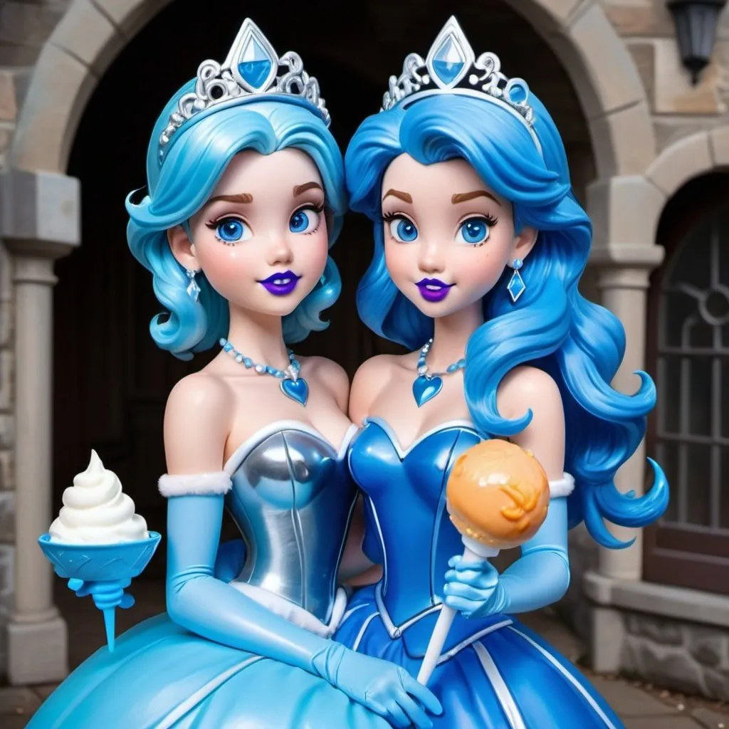 Prompt: Princesses daisy and peach with ultradetailed large shiny blue lips, Blinding blue Heart Earrings, Blue Xtra Large Metal Ball Gown, blue plastic Gloves with blue Fur, Glowing Blue eyes, Artisans Cut, Gleaming blueberry Ice Cream, blue Tiara. Pristine blue hair, confident facial expression, Full eyebrows with blue tint, blue Candy necklace, Wintry Aura, blue Armor Plated Shoulders, Cake Covered blue wand, blue Sharp Nails, coastal castle, Blue Moon. High resolution, Realistic, Cold color scheme, high radiance.