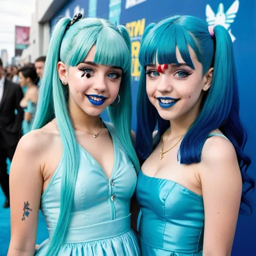 Prompt: Melanie Martinez with blue mullet, blue eyes, flowing blue hair, smiling lips with blue lipstick, blue dress, blue makeup, blue eyeshadow. Walking the blue carpet with hatsune miku next to her.



