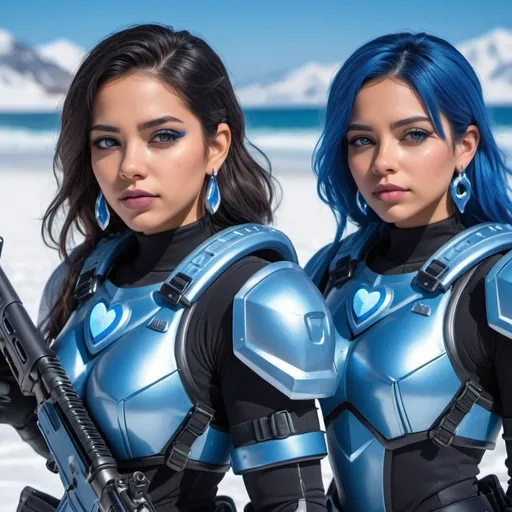 Prompt: Two Latinas holding a m-4 rifle, blue lipstick, snowy beach, blue heart necklaces, Thick blue soldier armor, pleasant face, blue spiral eyes, blue eyeshadow, long ice earrings. Cold color scheme, ultradetailed, 8k resolution, perfect, smooth, high quality, shiny. 