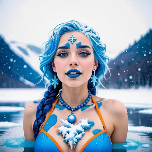 Prompt: Woman, bathing in frozen lake, Snow falling, blue lipstick, blue hair and makeup, Frozen blue bathing suit, blue necklace with ice. Glossy skin. 