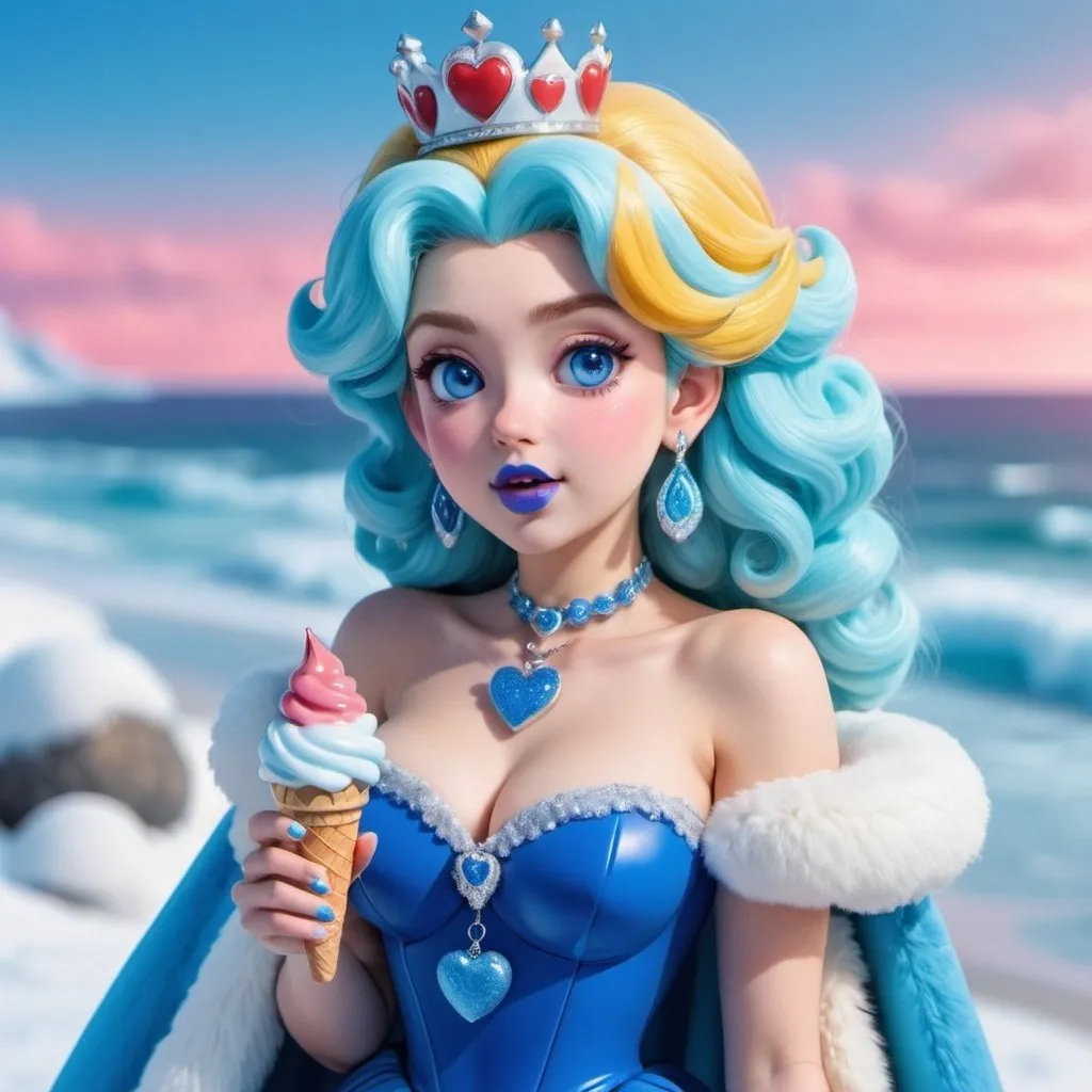 Prompt: Princess Peach eating candy ice cream, blue lipstick, snowy beach, blue heart necklaces, Thick blue fur coat, Blue Cape, pleasant face, blue spiral eyes, Blue eyeshadow, long ice earrings. Cold color scheme, ultradetailed, 8k resolution, perfect, smooth, high quality, shiny. 